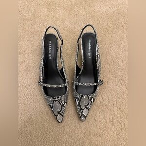 Madden Girl Black & White Snake-Print Rhinestone Pointed Slingback Kitten Heels